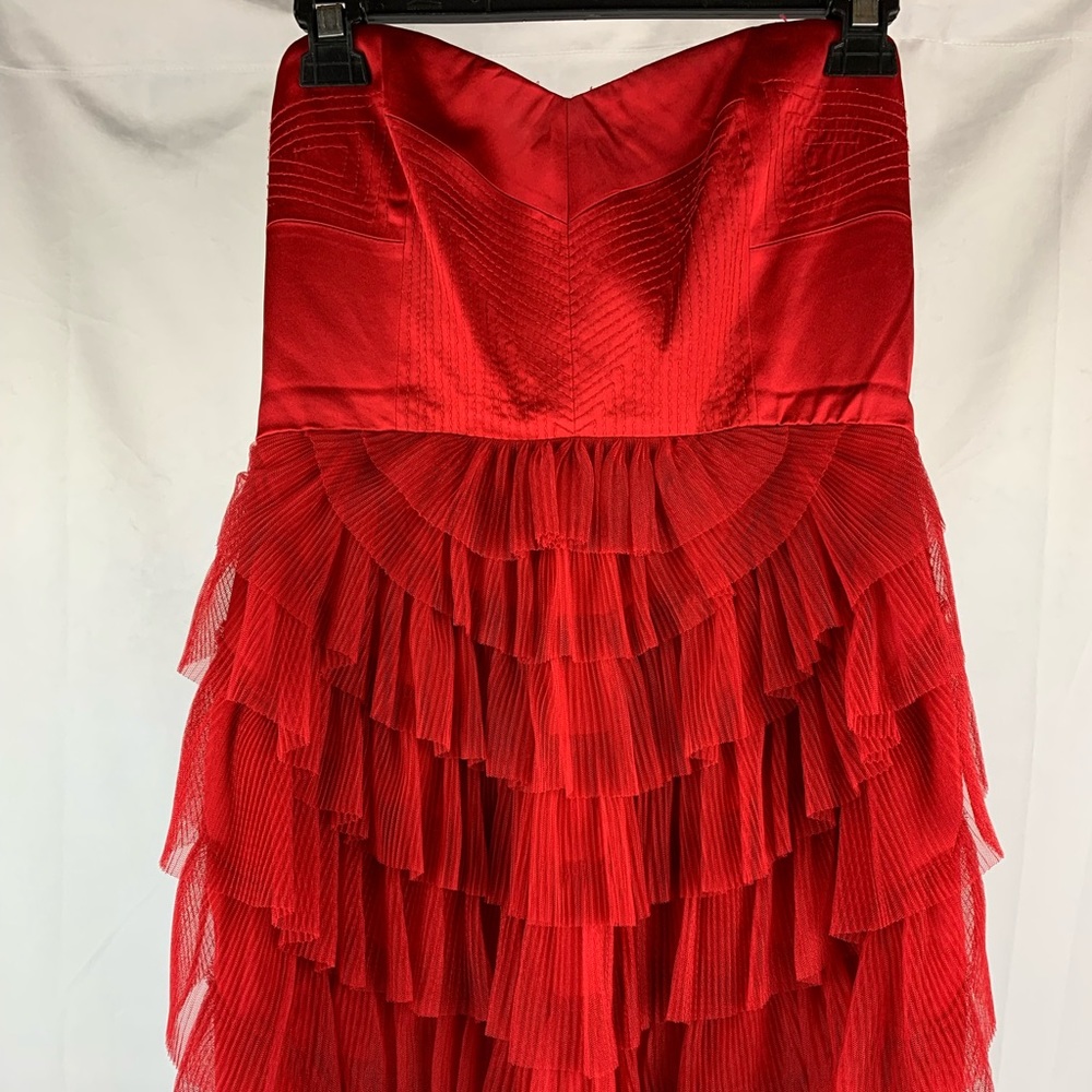BCBG MAXAZRIA Mesh Sas Gardenia Dress Rio Red Ruffle Tiered Strapless Sz 8P